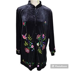 SUSAN GRAVER Size Large Boho Black Velvet Colorful Embroidery Button-Down Jacket